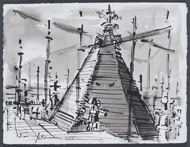 203055 Afbeelding van de spits van de Domtoren te Utrecht met steigers, tijdens de restauratie.